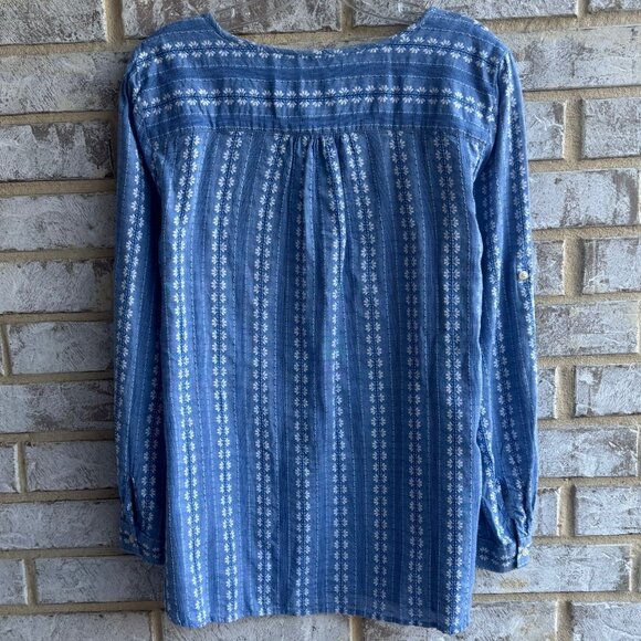 Talbots Long Sleeve 3/4 Button Blue\White Floral Striped Blouse Size L Petite - Picture 2 of 8